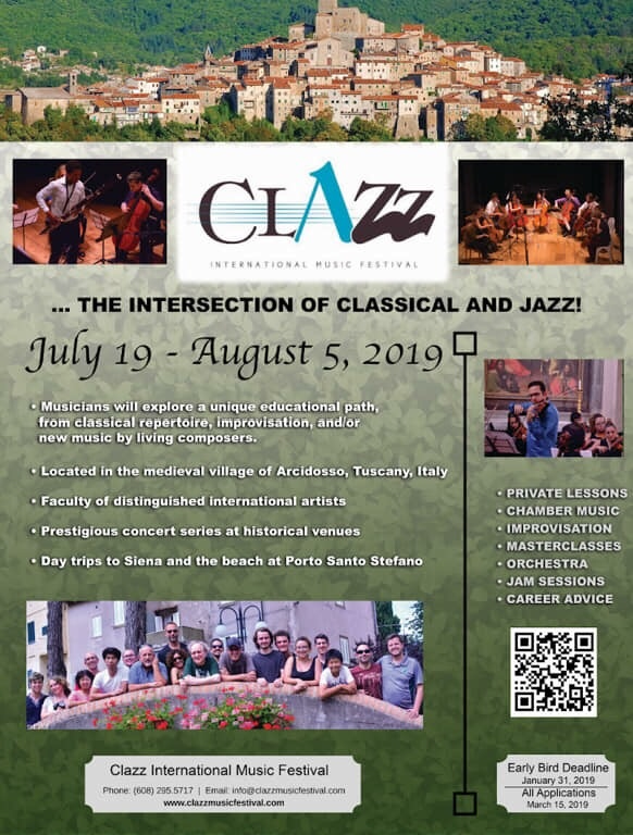 Clazz International Music Festival!!! I’m honored to be a part of the faculty at Clazz International Music Festival for this summer! It takes place in Arcidosso, Tuscany, Italy. It’s a wonderful festival in a beautiful place!!! There is no age limit. www.clazzmusicfestival.com 